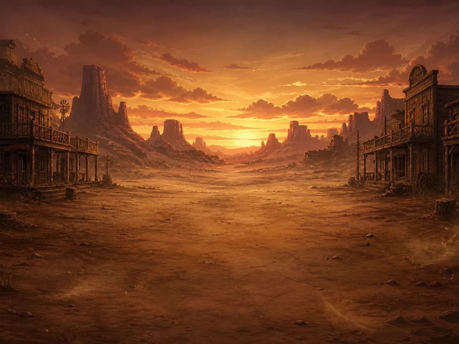 An empty frontier town beneath an orange sunset