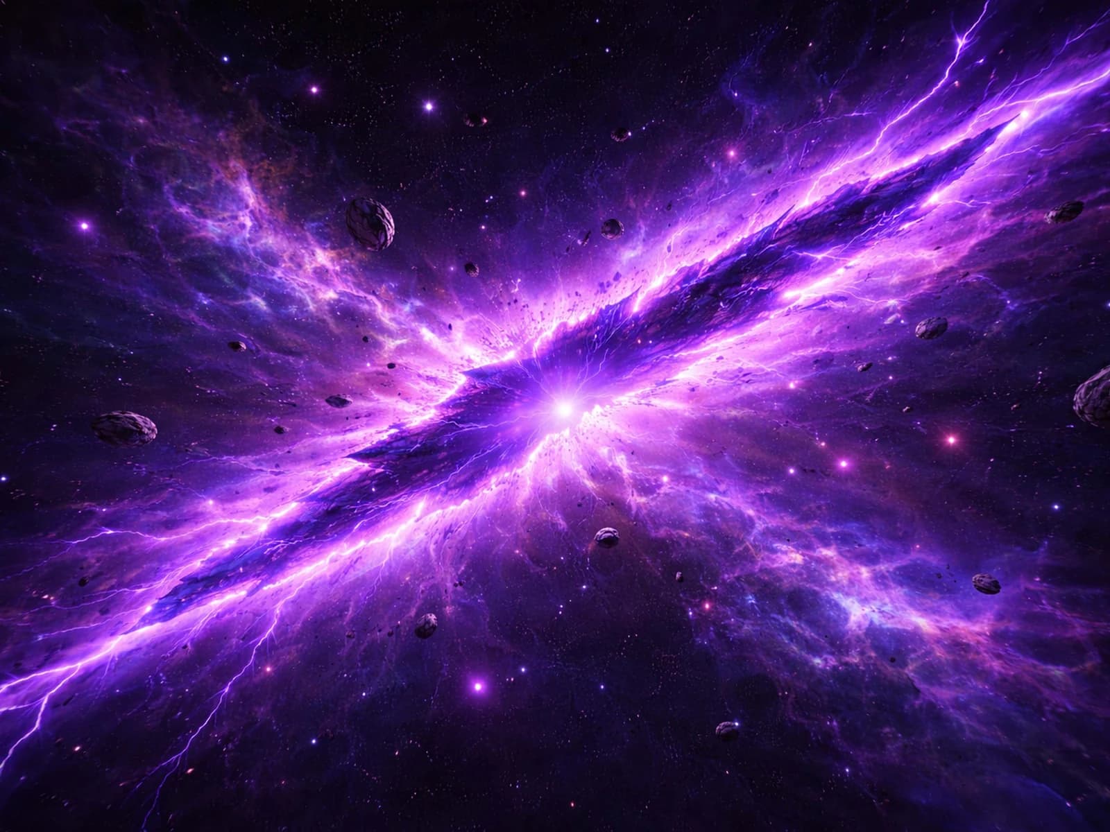 A bright violet rift tears through space amid floating rocks