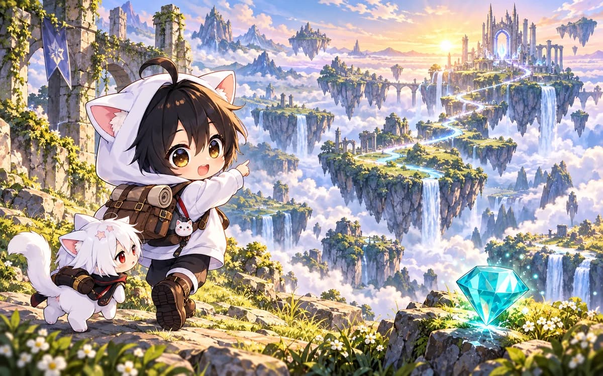 AniChibi and a cat companion explore floating islands and castle ruins