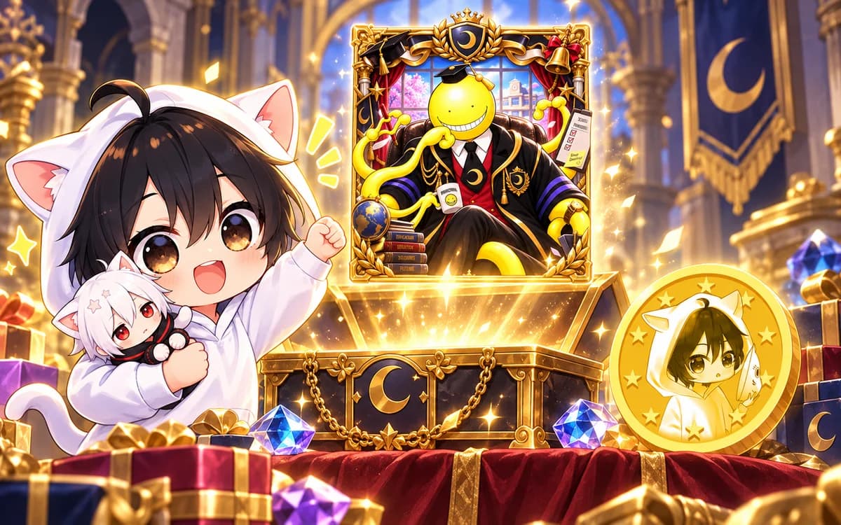 AniChibi celebrates beside treasure and a framed card