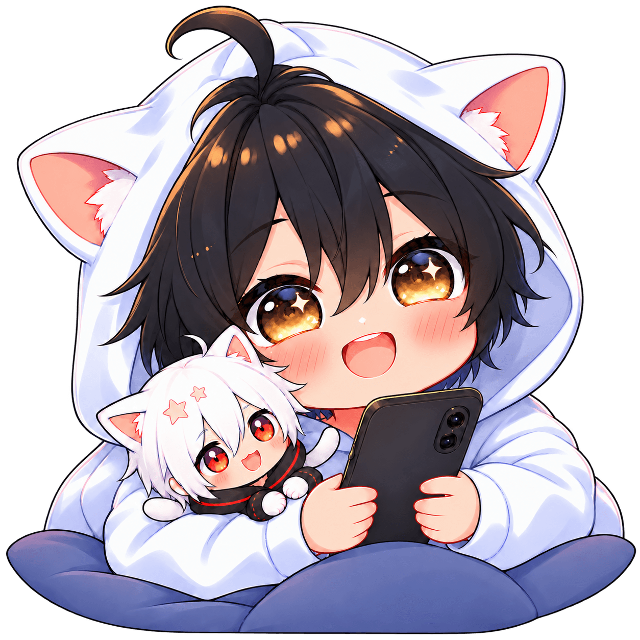 AniChibi, AniGame's cat-hooded mascot holding a phone