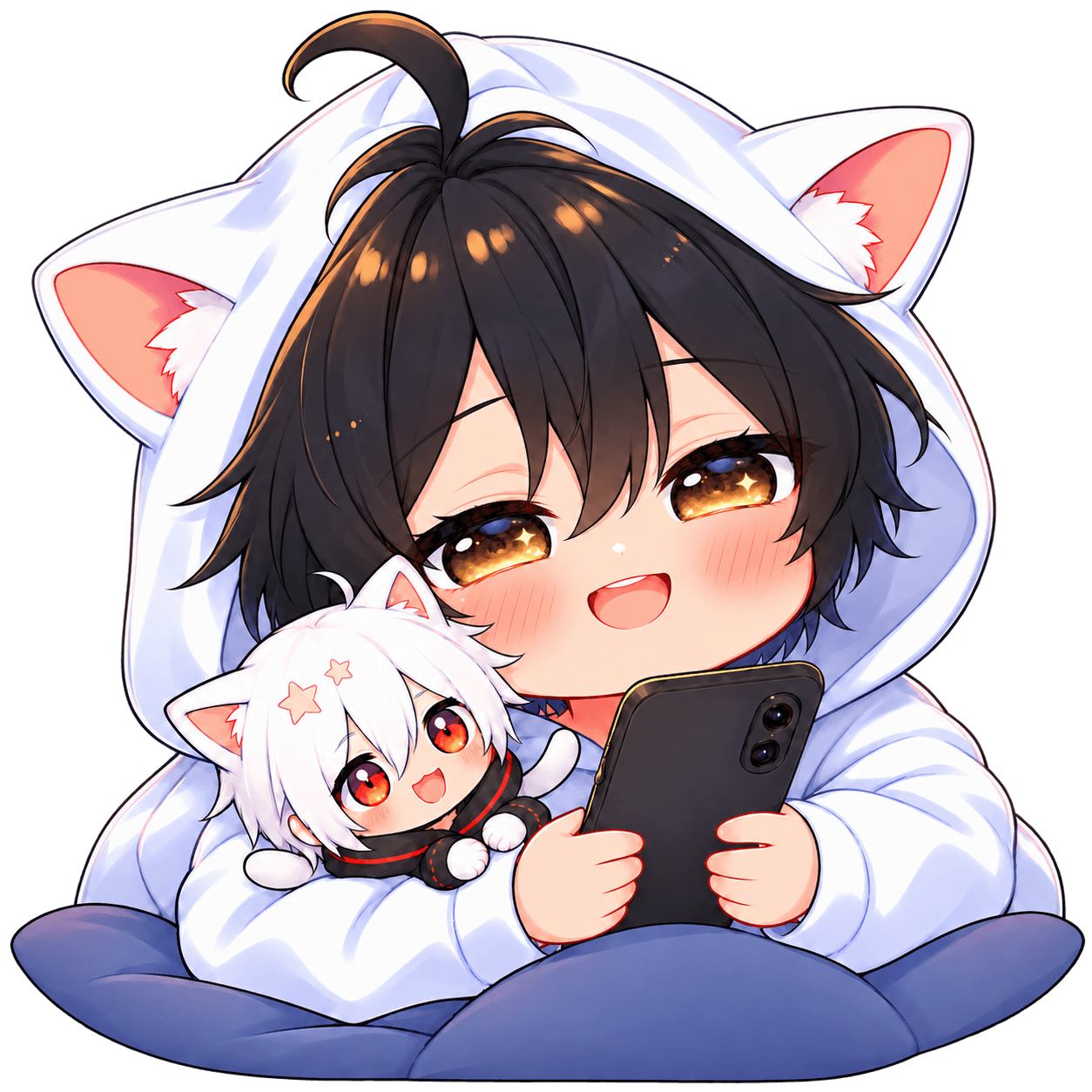 AniChibi, AniGame's cat-hooded mascot holding a phone