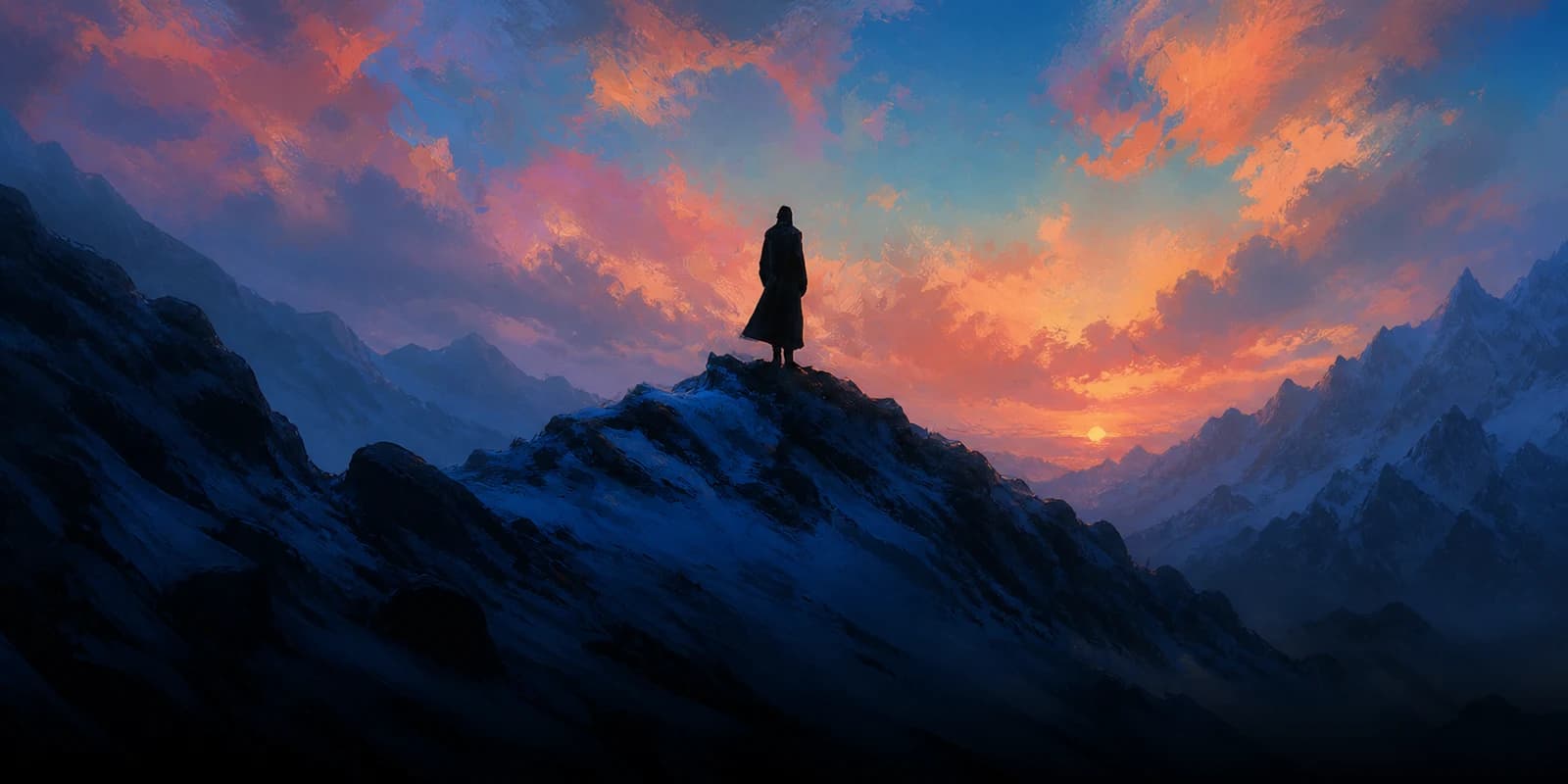 A lone adventurer stands on a snowy summit beneath an orange and blue sky