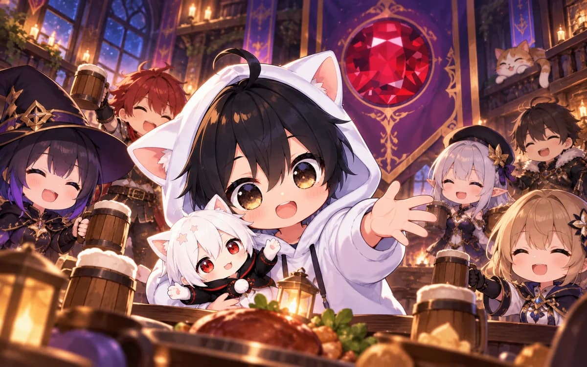 AniChibi gathers a party of friends around a lively tavern table